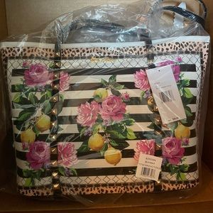 Betsey Johnson tote bag Seeing Stripes black & white, lemons, roses, leopard